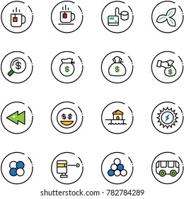 line vector icon set - tea vector, tonometer, three leafs, money search, bag, encashment, fast backward, smile, bungalow, sun power, atom core, laser lever, billiards balls, toy bus