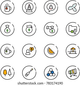 line vector icon set - tea vector, snowball tree, merry christmas message, three leafs, money bag, encashment, shared folder, hot, dialog, watermelone, bungalow, forest, chisel, billiards balls