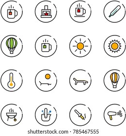 line vector icon set - tea vector, fireplace, thermometer, air balloon, green, sun, lounger, grill, casting of steel, soldering iron, dryer