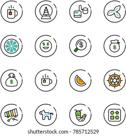 line vector icon set - tea vector, snowball tree, tonometer, three leafs, lemon slice, dollar smile, money search, bag, hot, watermelone, hand wheel, xylophone, toy horse, caterpillar, cube hole