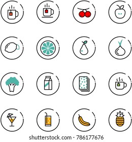 line vector icon set - tea vector, rowanberry, apple, lemon, slice, pear, onion, broccoli, milk, breads, hot, drink, banana, pineapple