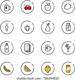 line vector icon set - tea vector, rowanberry, apple, lemon, carrot, sweet pepper, pear, milk, breads, hot, drink, banana, watermelone, strawberry