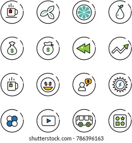 line vector icon set - tea vector, three leafs, lemon slice, pear, money bag, fast backward, growth arrow, green, smile, dialog, sun power, atom core, playback, toy bus, cube hole