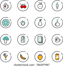 line vector icon set - tea vector, rowanberry, apple, carrot, lemon slice, sweet pepper, pear, onion, broccoli, milk, breads, hot, drink, banana, strawberry