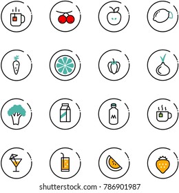 line vector icon set - tea vector, rowanberry, apple, lemon, carrot, slice, sweet pepper, onion, broccoli, milk, hot, drink, watermelone, strawberry