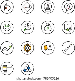 line vector icon set - tea vector, smoking area sign, snowball tree, merry christmas message, dollar smile, money search, bag, shared folder, growth arrow, hand wheel, forest, chisel, laser lever