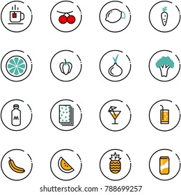 line vector icon set - tea vector, rowanberry, lemon, carrot, slice, sweet pepper, onion, broccoli, milk, breads, drink, banana, watermelone, pineapple