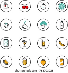 line vector icon set - tea vector, rowanberry, apple, lemon slice, sweet pepper, onion, broccoli, milk, breads, drink, banana, watermelone, pineapple, strawberry