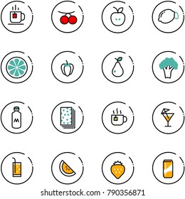 line vector icon set - tea vector, rowanberry, apple, lemon, slice, sweet pepper, pear, broccoli, milk, breads, hot, drink, watermelone, strawberry