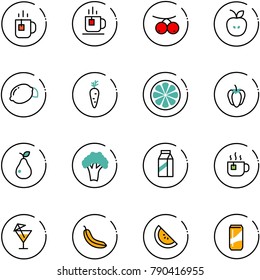 line vector icon set - tea vector, rowanberry, apple, lemon, carrot, slice, sweet pepper, pear, broccoli, milk, hot, drink, banana, watermelone