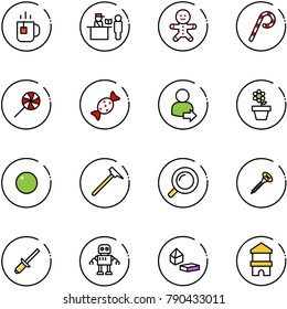 line vector icon set - tea vector, passport control, cake man, lollipop, candy, user login, flower pot, record, mason hammer, magnifier, screw, clinch, robot, constructor blocks, toy block house