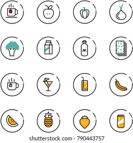 line vector icon set - tea vector, apple, sweet pepper, onion, broccoli, milk, breads, hot, drink, banana, watermelone, pineapple, strawberry