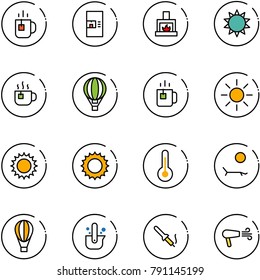 line vector icon set - tea vector, coffee machine, fireplace, sun, hot, air balloon, green, thermometer, lounger, casting of steel, soldering iron, dryer