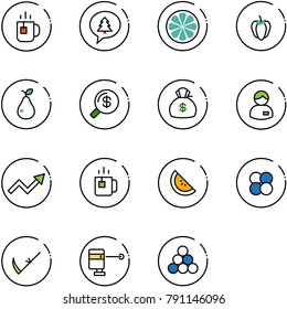 line vector icon set - tea vector, merry christmas message, lemon slice, sweet pepper, pear, money search, bag, manager, growth arrow, green, watermelone, atom core, scythe, laser lever