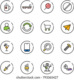 line vector icon set - tea vector, baggage truck, lollipop, no limit road sign, user login, refresh, cart, paper fly, drink, mobile phone, magnifier, screw, clinch, allen key set, robot