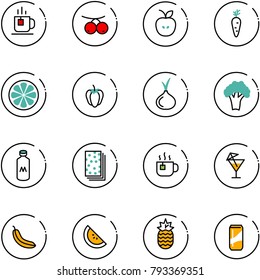 line vector icon set - tea vector, rowanberry, apple, carrot, lemon slice, sweet pepper, onion, broccoli, milk, breads, hot, drink, banana, watermelone, pineapple