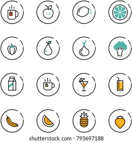 line vector icon set - tea vector, apple, lemon, slice, sweet pepper, pear, onion, broccoli, milk, hot, drink, banana, watermelone, pineapple, strawberry