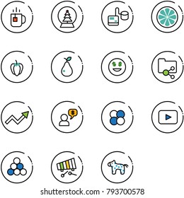 line vector icon set - tea vector, snowball tree, tonometer, lemon slice, sweet pepper, pear, dollar smile, shared folder, growth arrow, money dialog, atom core, playback, billiards balls, xylophone