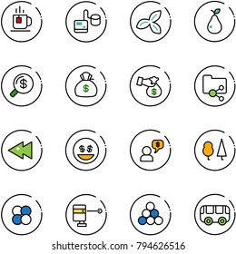 line vector icon set - tea vector, tonometer, three leafs, pear, money search, bag, encashment, shared folder, fast backward, smile, dialog, forest, atom core, laser lever, billiards balls, toy bus