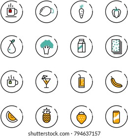 line vector icon set - tea vector, lemon, carrot, sweet pepper, pear, broccoli, milk, breads, hot, drink, banana, watermelone, pineapple, strawberry