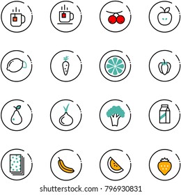 line vector icon set - tea vector, rowanberry, apple, lemon, carrot, slice, sweet pepper, pear, onion, broccoli, milk, breads, banana, watermelone, strawberry