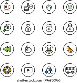 line vector icon set - tea vector, tonometer, sweet pepper, dollar smile, money search, bag, fast backward, green, watermelone, hand wheel, playback, billiards balls, toy bus