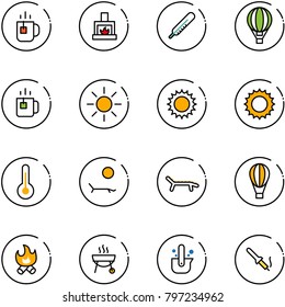 line vector icon set - tea vector, fireplace, thermometer, air balloon, green, sun, lounger, fire, grill, casting of steel, soldering iron