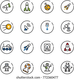 line vector icon set - telescope vector, rocket, moon flag, first satellite, antenna, laser, rover, hdd, robot, teethers