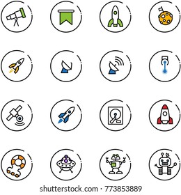 line vector icon set - telescope vector, flag, rocket, moon, satellite antenna, laser, hdd, teethers, ufo toy, robot