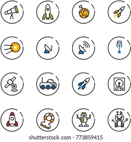 line vector icon set - telescope vector, rocket, moon flag, first satellite, antenna, laser, rover, hdd, teethers, robot