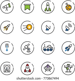 line vector icon set - telescope vector, flag, rocket, moon, first satellite, antenna, laser, rover, hdd, ufo toy, robot