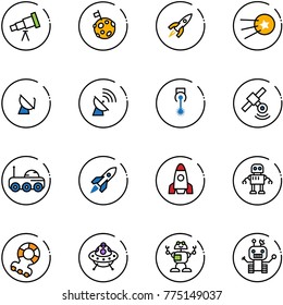 line vector icon set - telescope vector, moon flag, rocket, first satellite, antenna, laser, rover, robot, teethers, ufo toy