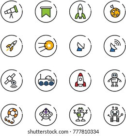 line vector icon set - telescope vector, flag, rocket, moon, first satellite, antenna, rover, robot, teethers, ufo toy