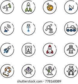 line vector icon set - telescope vector, rocket, moon flag, satellite antenna, laser, rover, hdd, robot, teethers, ufo toy