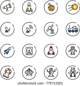 line vector icon set - telescope vector, rocket, moon flag, first satellite, antenna, rover, hdd, robot, teethers, ufo toy