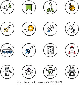 line vector icon set - telescope vector, flag, rocket, moon, first satellite, antenna, rover, hdd, robot, ufo toy