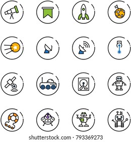 line vector icon set - telescope vector, flag, rocket, moon, first satellite, antenna, laser, rover, hdd, robot, teethers, ufo toy