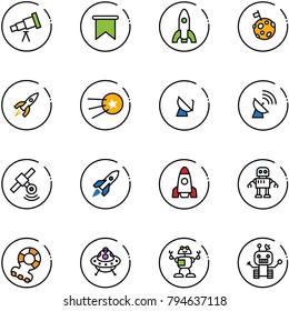 line vector icon set - telescope vector, flag, rocket, moon, first satellite, antenna, robot, teethers, ufo toy