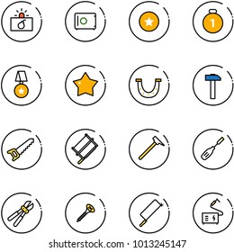line vector icon set - terrorism vector, safe, star medal, gold, luck, hammer, saw, bucksaw, mason, chisel, bolt cutter, screw, metal hacksaw, welding