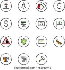 line vector icon set - terrorism vector, christmas tree, gloves, dollar sign, tap pay, card exchange, flag, landslide road, shield cross, statistics monitor, banana, flip flops, terms plan