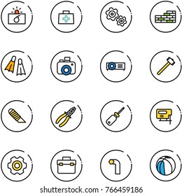 line vector icon set - terrorism vector, doctor bag, gears, brick wall, flippers, camera, projector, sledgehammer, work knife, pliers, screwdriver, jig saw, gear, tool box, allen key, basketball