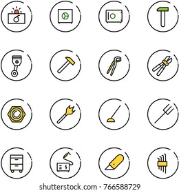 line vector icon set - terrorism vector, safe, work, piston, hammer, plumber, bolt cutter, nut, wood drill, hoe, farm fork, tool cabinet, welding, knife, allen key set