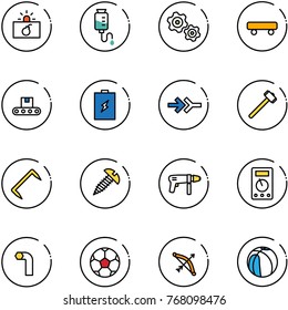 Line Vector Icon Set - Terrorism Vector, Drop Counter, Gears, Skateboard, Conveyor, Battery, Connect, Sledgehammer, Staple, Screw, Drill Machine, Multimeter, Allen Key, Soccer Ball, Bow, Basketball