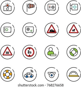line vector icon set - terrorism vector, side wind, safe, first aid room, climb road sign, railway intersection, limited height, user password, lifebuoy, car wireless, surveillance camera