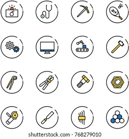 line vector icon set - terrorism vector, stethoscope, job, badminton, gear, monitor, conveyor, sledgehammer, plumber, bolt cutter, nut, Angular grinder, rasp, allen key set, billiards balls