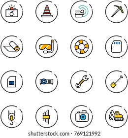 line vector icon set - terrorism vector, road cone, mri, job, mat, diving, lifebuoy, micro flash card, sim, projector, wrench, shovel, winch, allen key set, camera, excavator toy