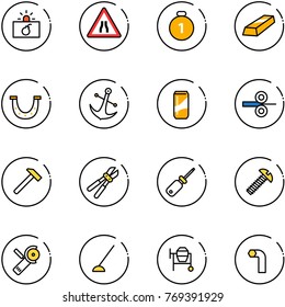 line vector icon set - terrorism vector, Road narrows sign, gold medal, luck, anchor, drink, steel rolling, hammer, bolt cutter, screwdriver, screw, Angular grinder, hoe, cocncrete mixer, allen key