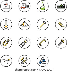 line vector icon set - terrorism vector, fork loader, round flask, brick wall, thermometer, tent, sledgehammer, work knife, side cutters, bolt cutter, staple, screw, drill machine, wrench hammer