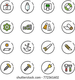 Line Vector Icon Set - Terrorism Vector, Drop Counter, Atm, Lifebuoy, Gear, Brick Wall, Flippers, Mat, Anchor, Saw, Work Knife, Screw, Wood Drill, Shovel Fork Toy