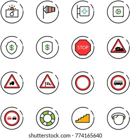line vector icon set - terrorism vector, side wind, first aid room, safe, stop road sign, climb, tractor way, prohibition, no bus, overtake, lifebuoy, stairs, protect glass